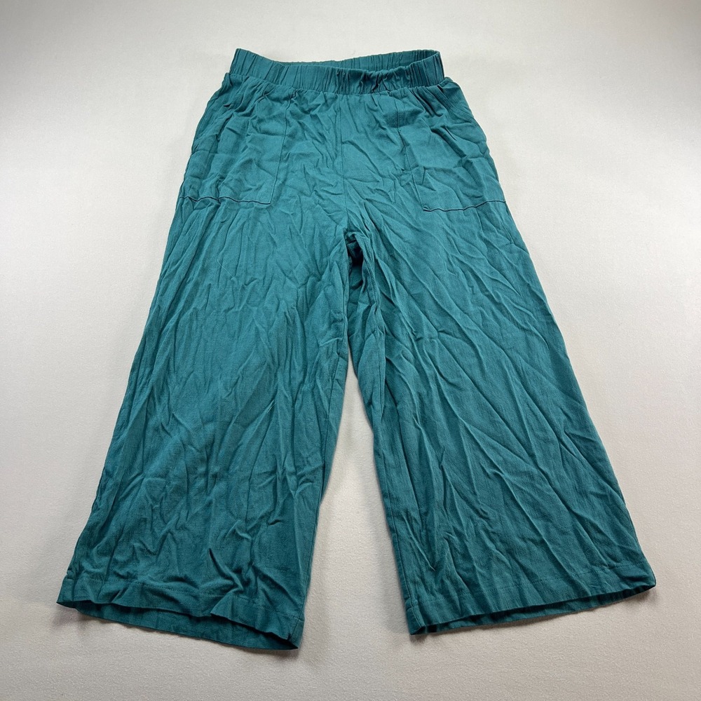 LuLaRoe Justine Cropped Pants Womens Medium Teal Stretch Relaxed Fit Wide Leg